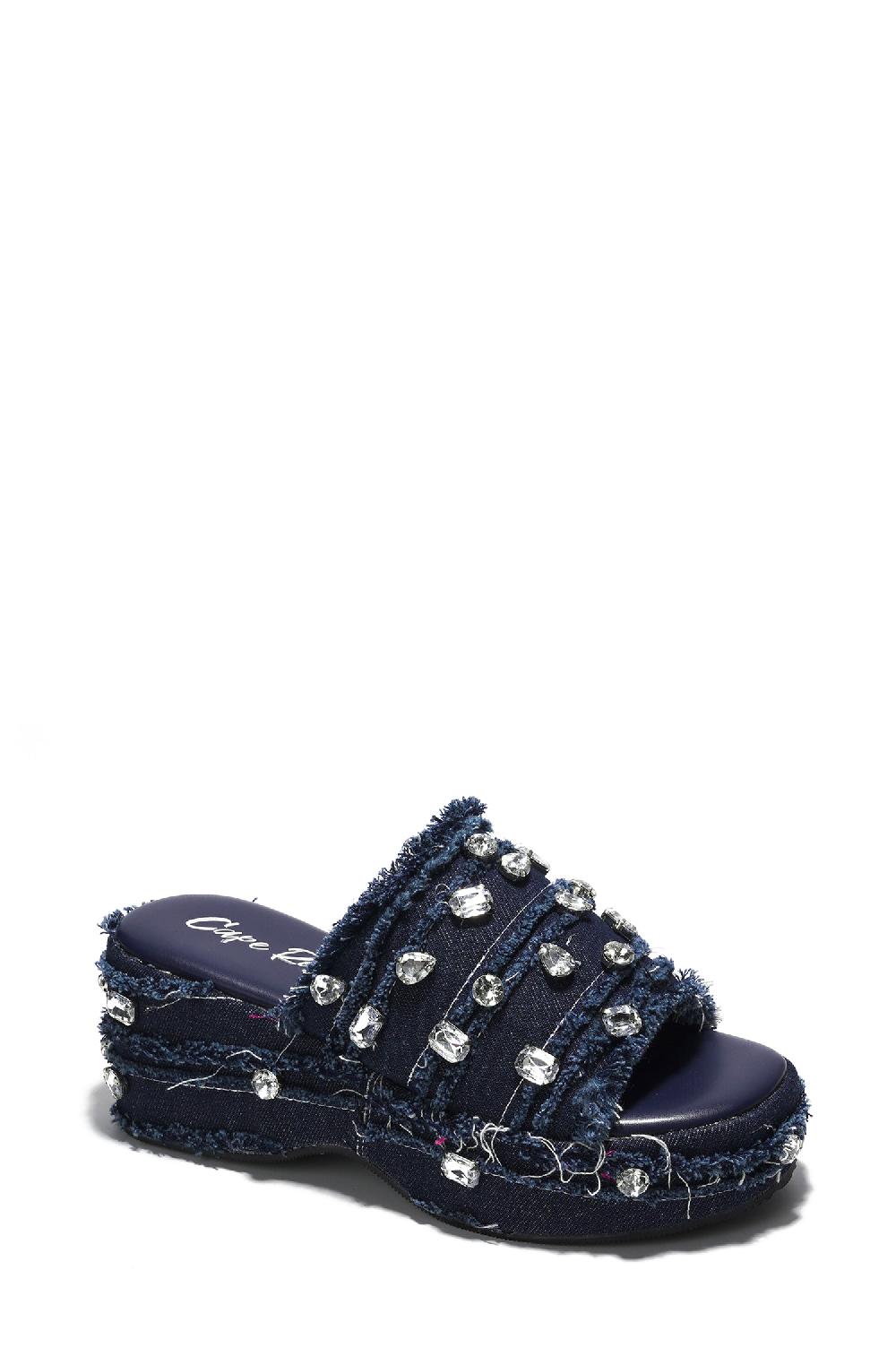 Cape Robbin Magnollia Raw Hem Rhinestone Platform Sandals - Denim