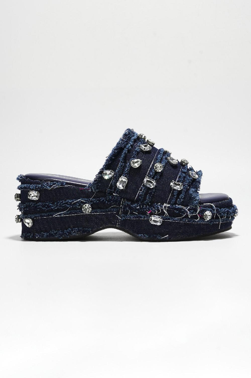 Cape Robbin Magnollia Raw Hem Rhinestone Platform Sandals - Denim