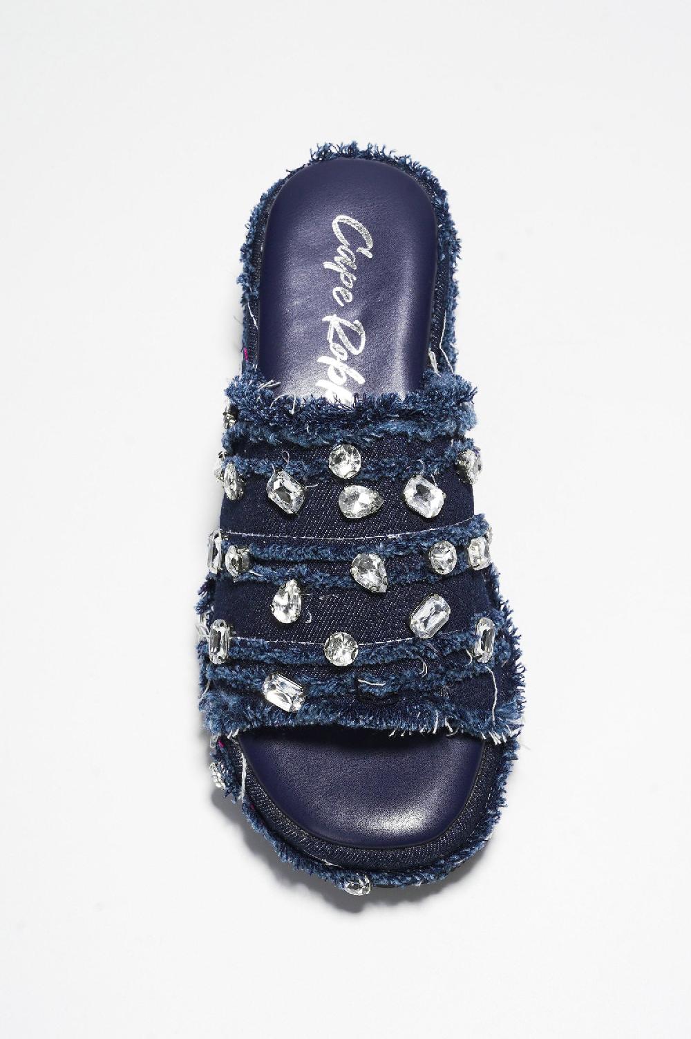Cape Robbin Magnollia Raw Hem Rhinestone Platform Sandals - Denim