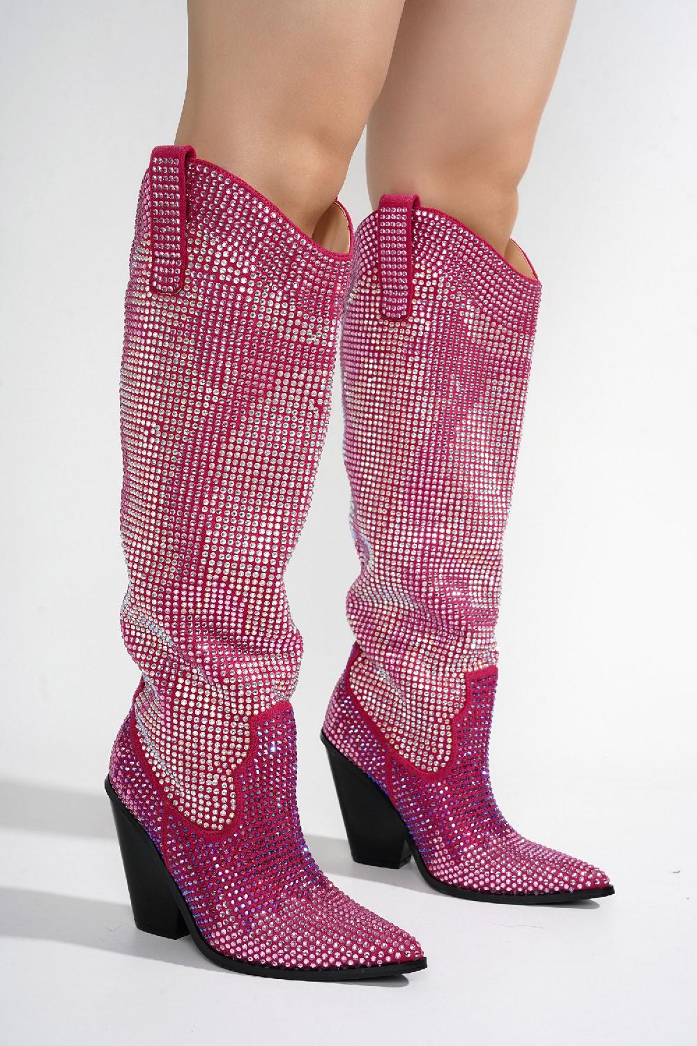 Cape Robbin Malinde Rhinestone Embelished Western Inpired Knee High Boots - Pink