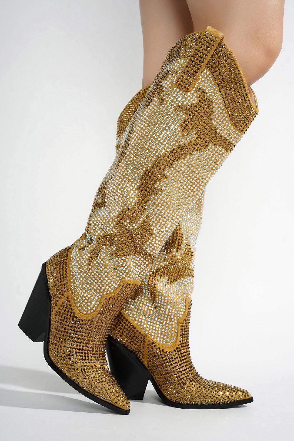 Cape Robbin Malinde Rhinestone Embelished Western Inpired Knee High Boots - Gold