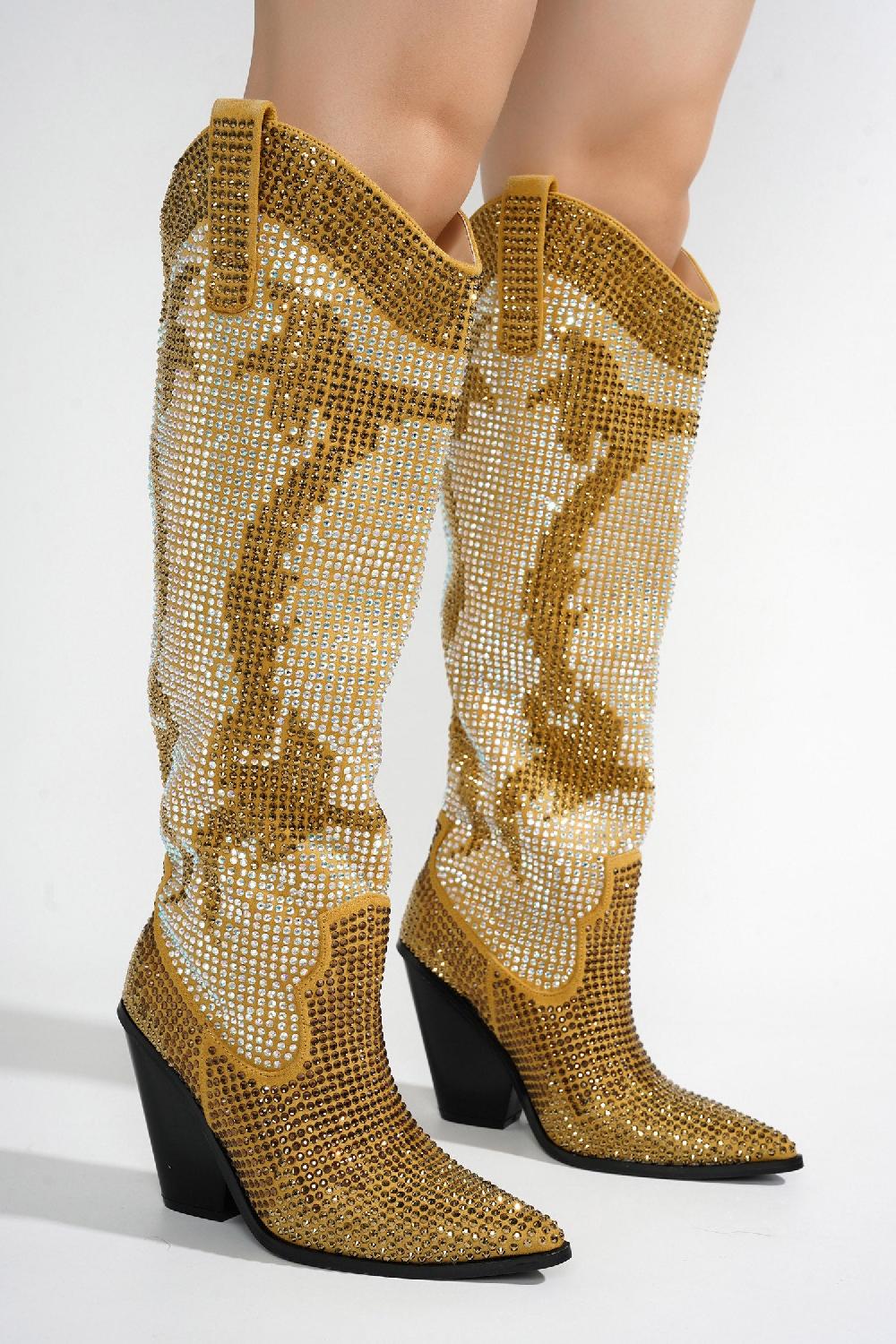 Cape Robbin Malinde Rhinestone Embelished Western Inpired Knee High Boots - Gold