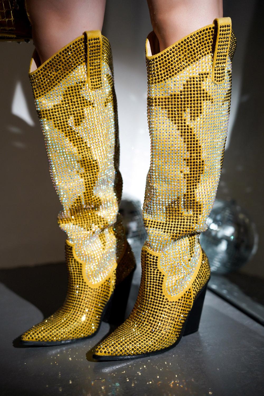 cape robbin Malinde Rhinestone Embelished Western Inpired Knee High Boots - Gold