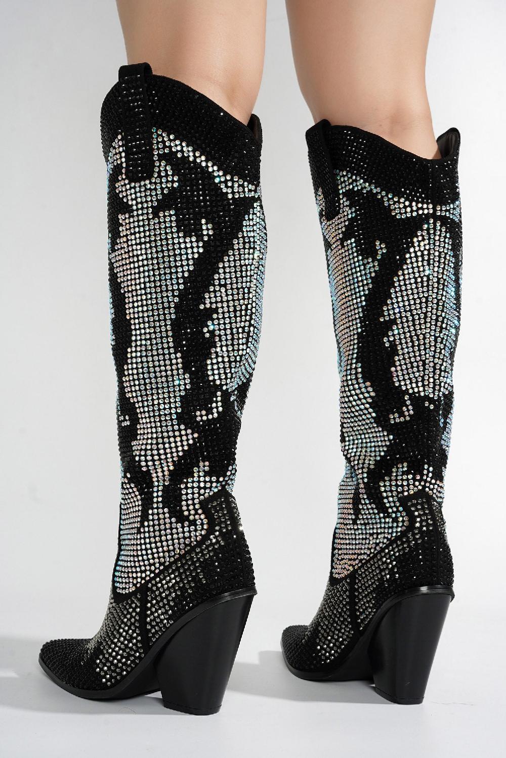 Cape Robbin Malinde Rhinestone Embelished Western Inpired Knee High Boots - Silver
