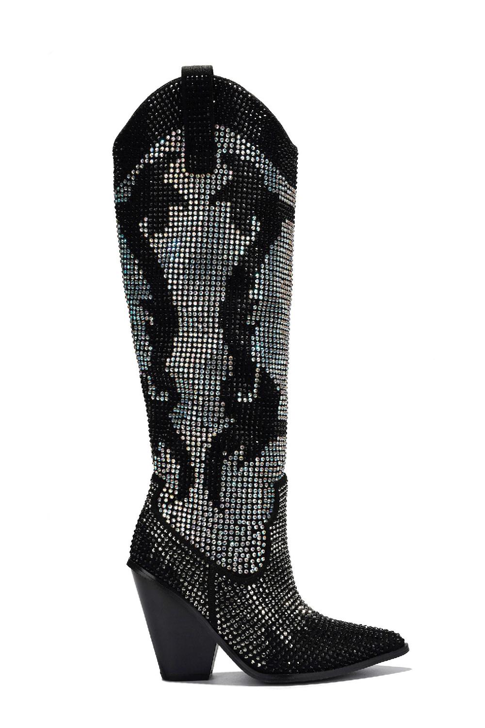Cape Robbin Malinde Rhinestone Embelished Western Inpired Knee High Boots - Silver