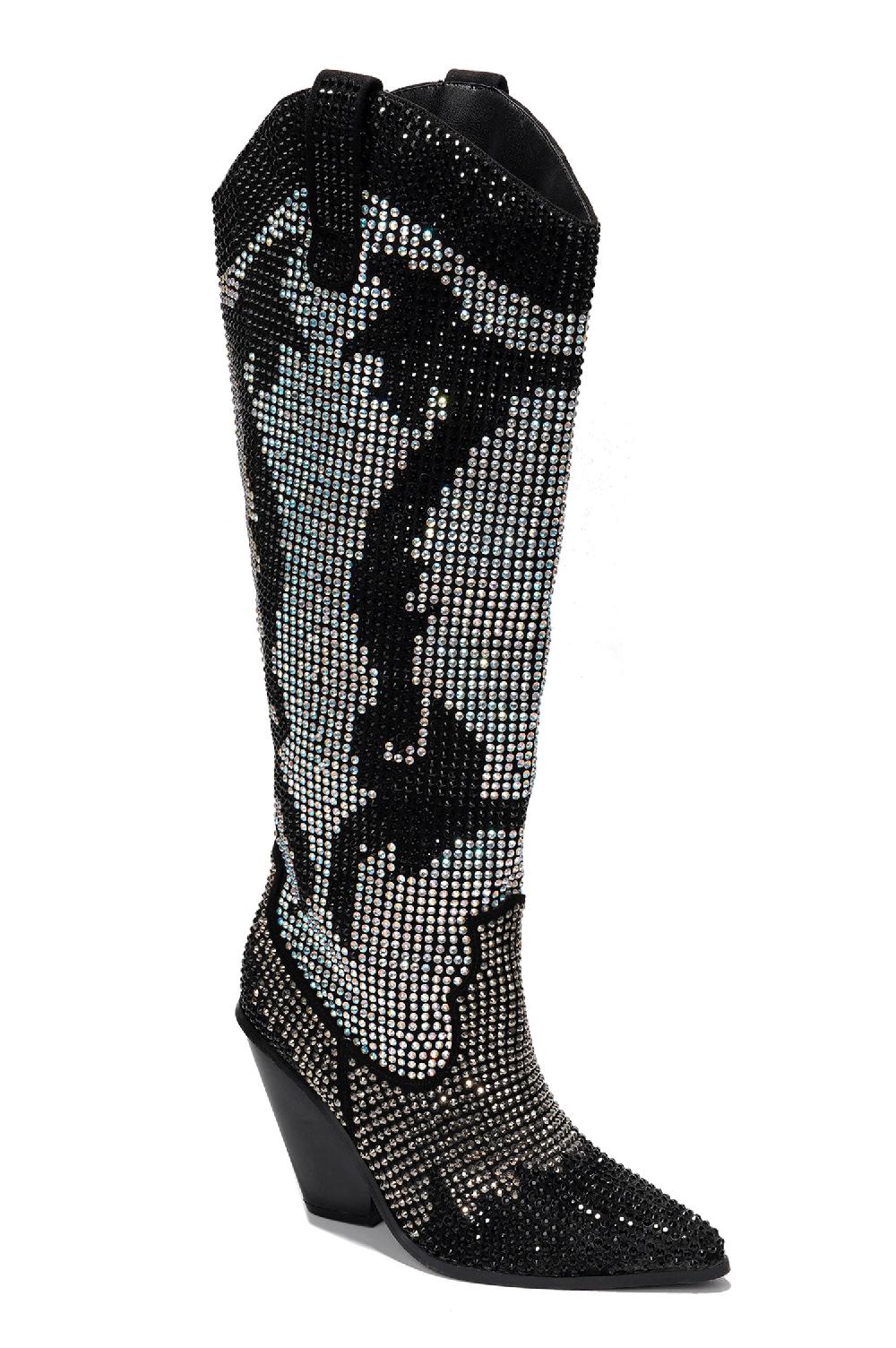 Cape Robbin Malinde Rhinestone Embelished Western Inpired Knee High Boots - Silver