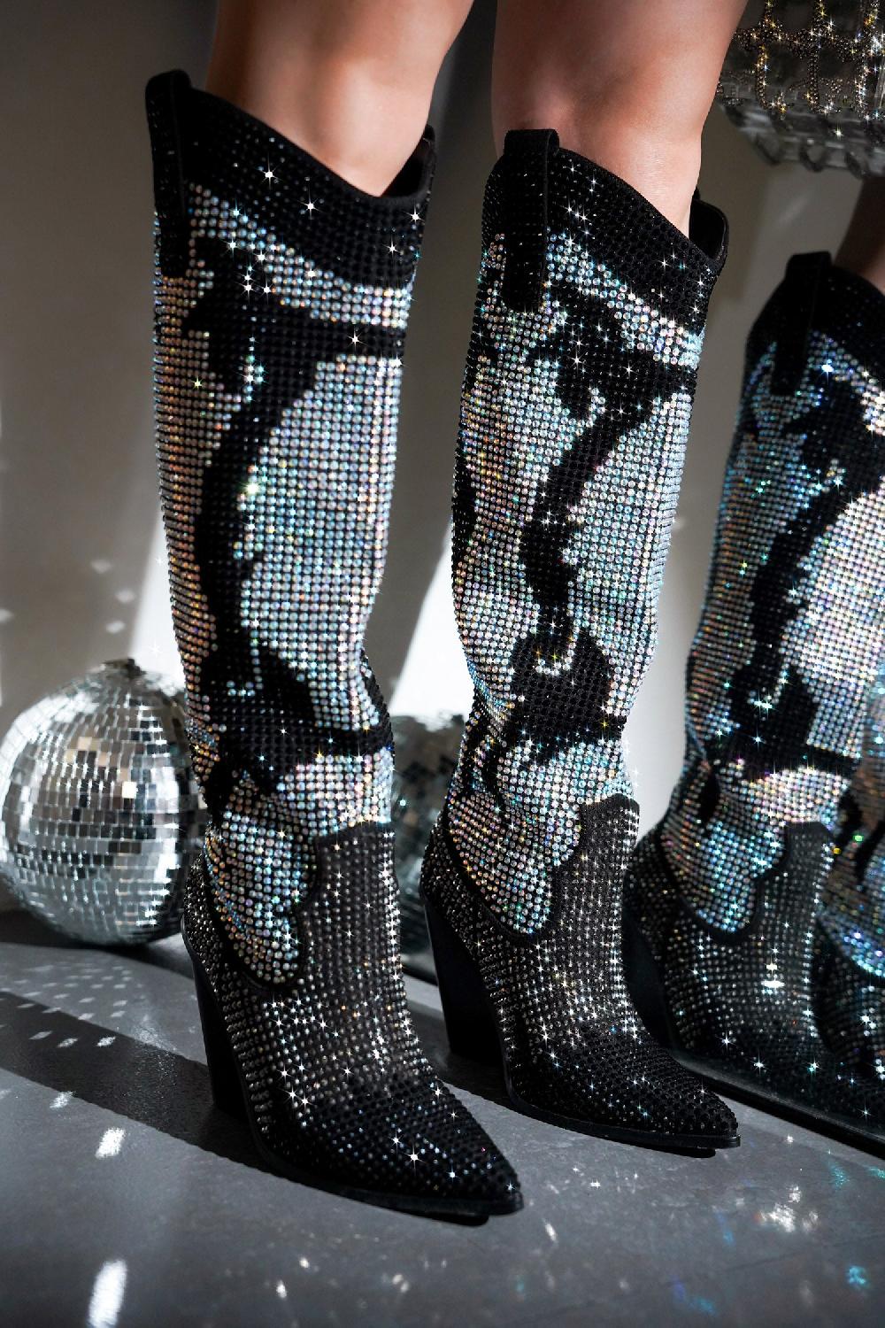 cape robbin Malinde Rhinestone Embelished Western Inpired Knee High Boots - Silver