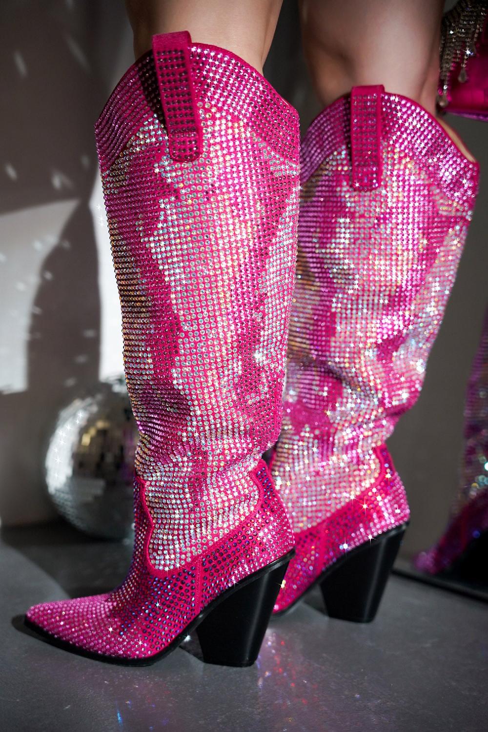 cape robbin Malinde Rhinestone Embelished Western Inpired Knee High Boots - Pink