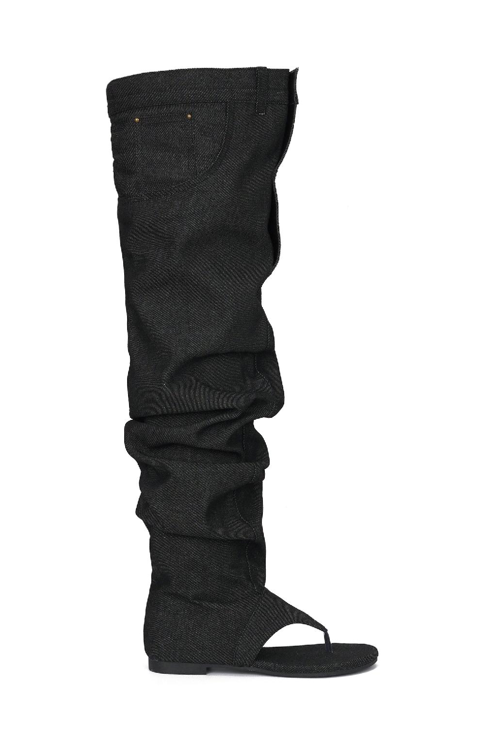 Cape Robbin Malynda Denim Thigh-high Thong Sandals - Black