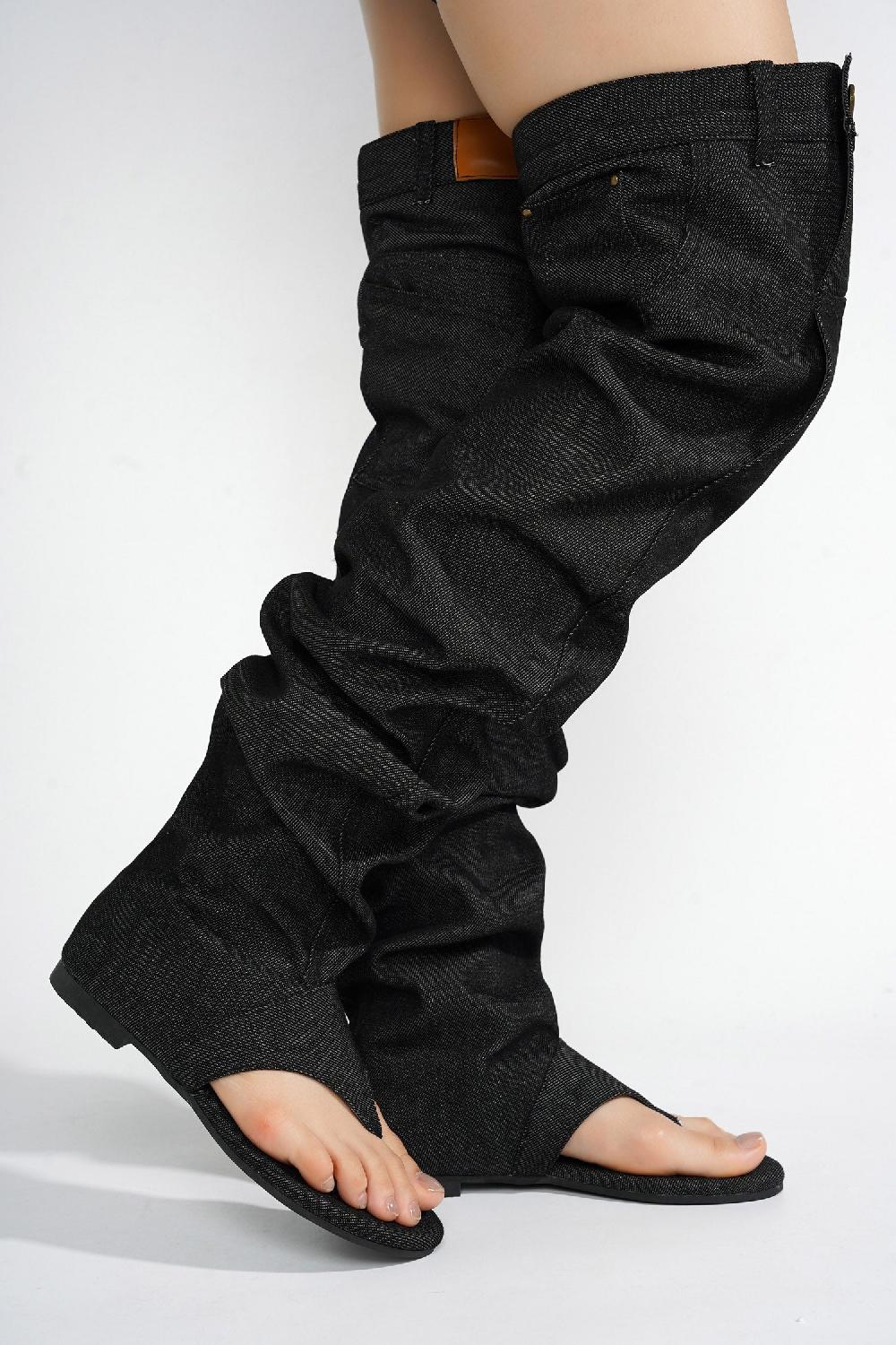 Cape Robbin Malynda Denim Thigh-high Thong Sandals - Black
