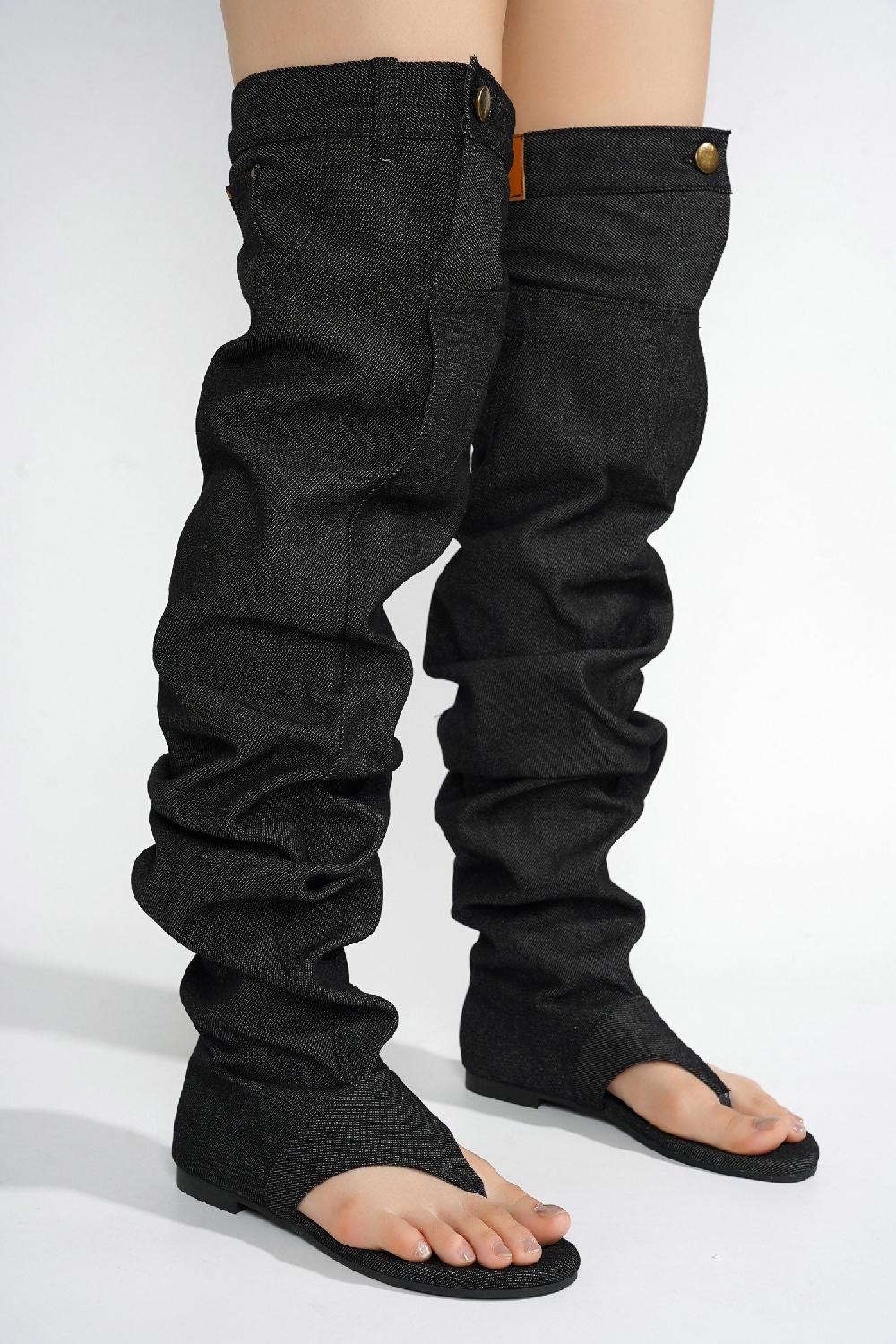 Cape Robbin Malynda Denim Thigh-high Thong Sandals - Black
