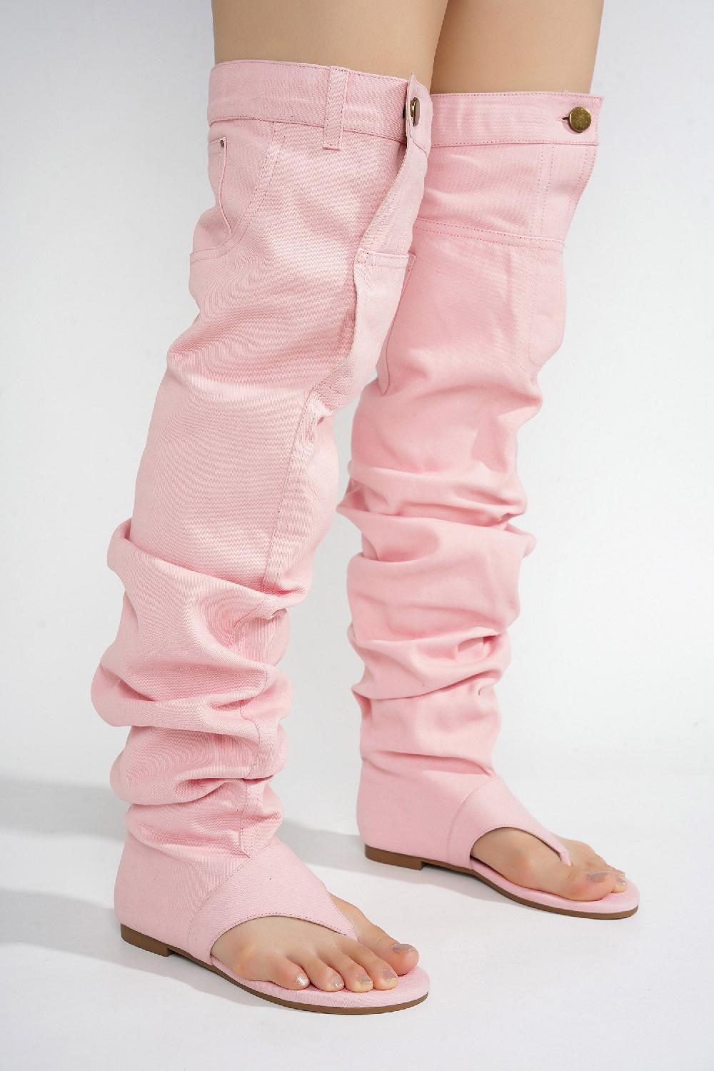 Cape Robbin Malynda Denim Thigh-high Thong Sandals - Pink