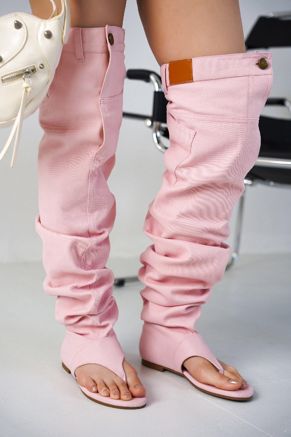 cape robbin Malynda Denim Thigh-high Thong Sandals - Pink