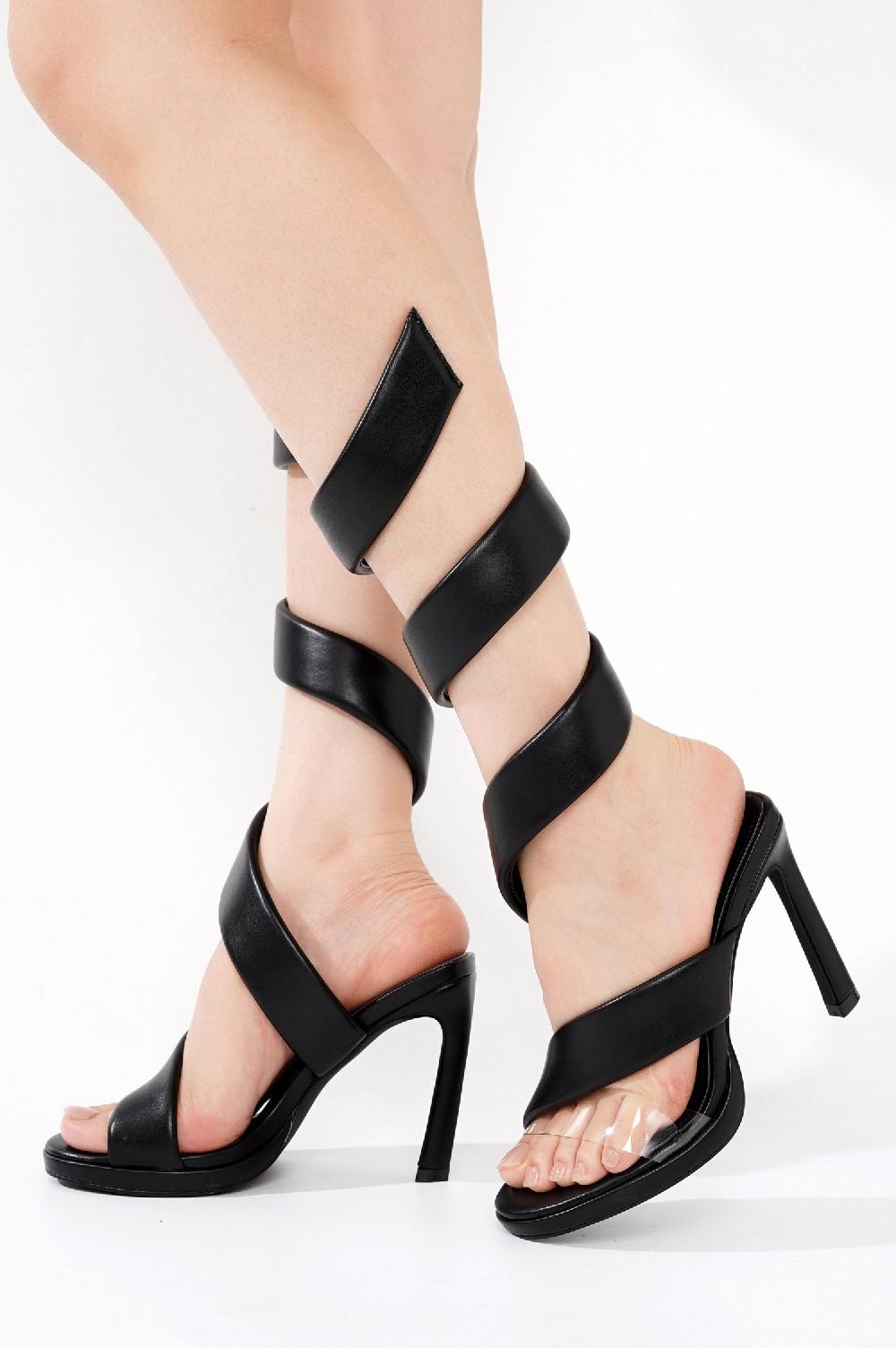 Cape Robbin Marybeth Open Toe Spiral Strap High Heel Sandals - Black
