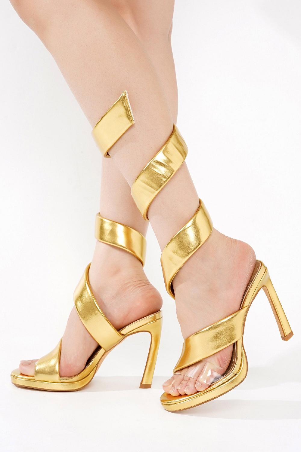Cape Robbin Marybeth Open Toe Spiral Strap High Heel Sandals - Gold