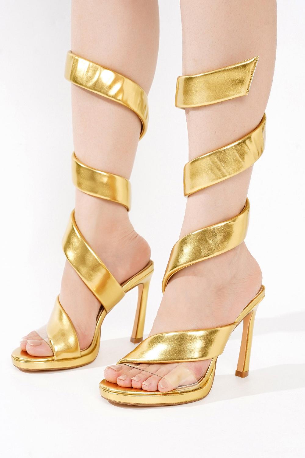 Cape Robbin Marybeth Open Toe Spiral Strap High Heel Sandals - Gold