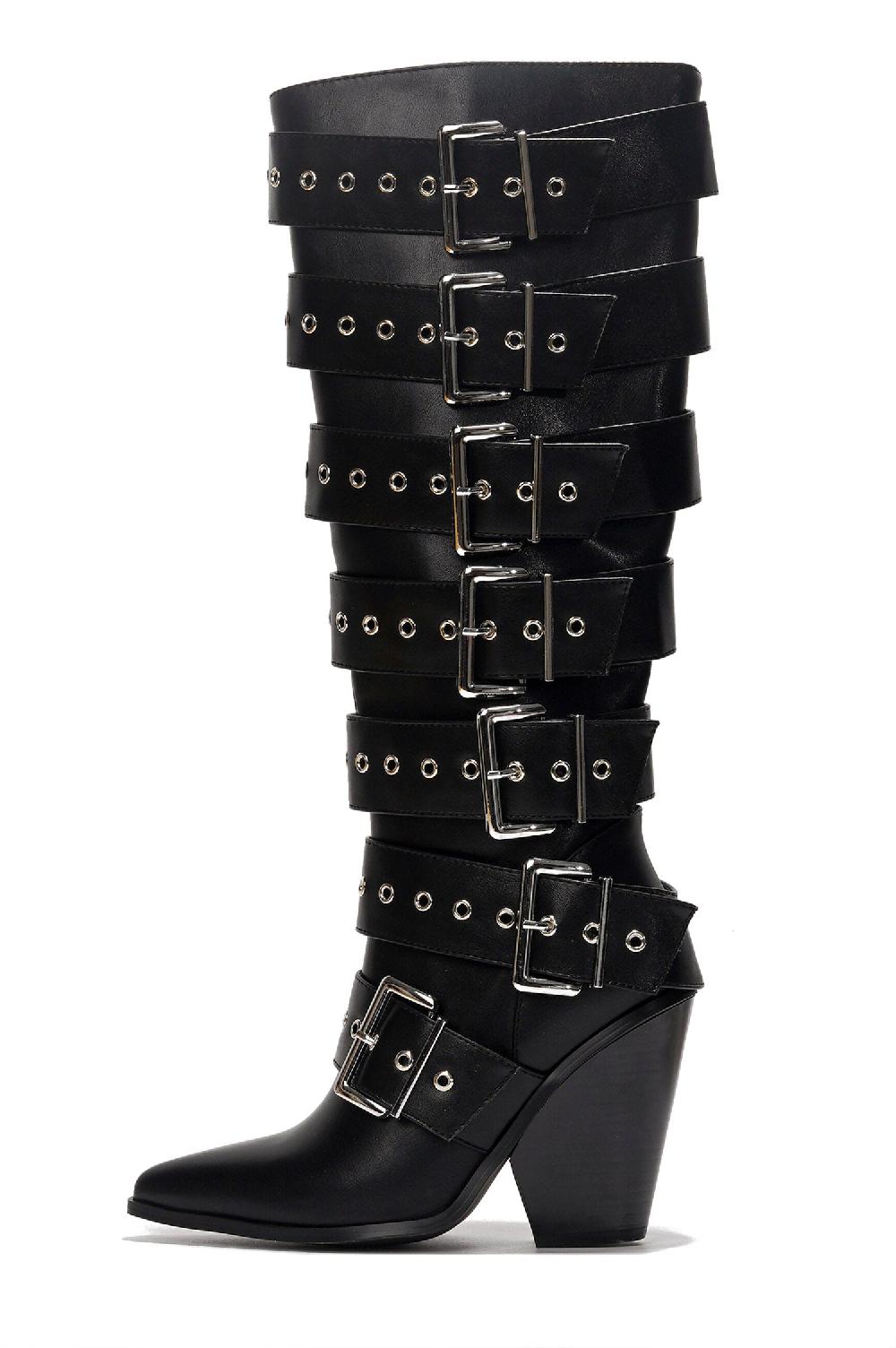 Cape Robbin Maureene Knee-High Buckle Strap Chunky Heel Boots - Black
