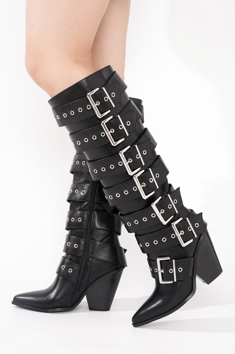 Cape Robbin Maureene Knee-High Buckle Strap Chunky Heel Boots - Black