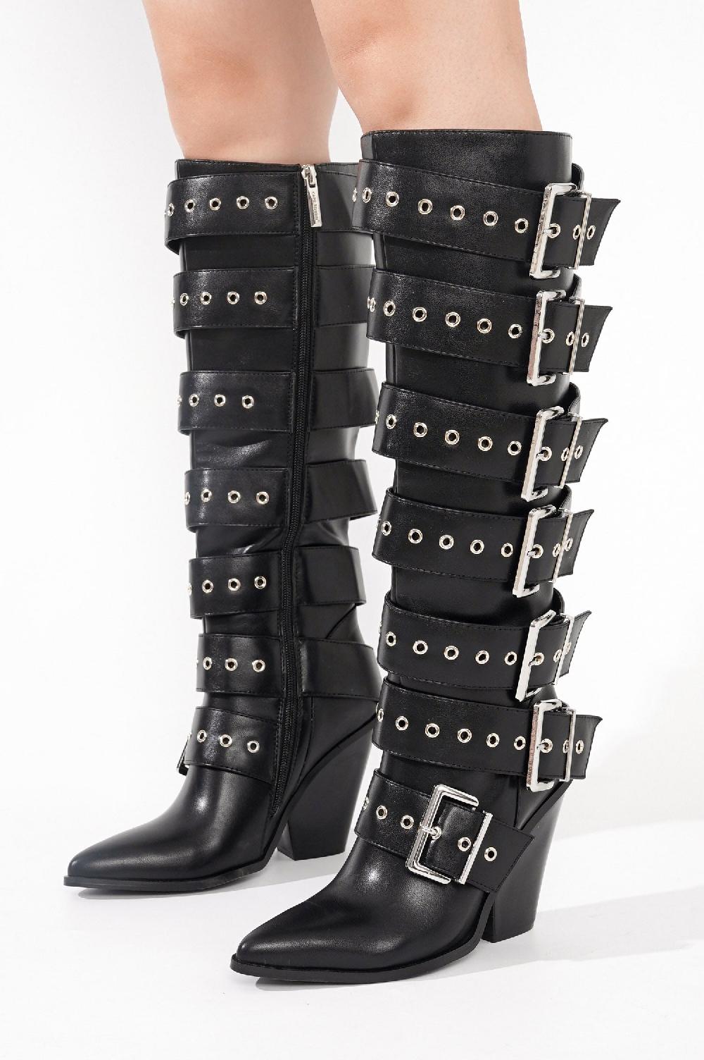 Cape Robbin Maureene Knee-High Buckle Strap Chunky Heel Boots - Black