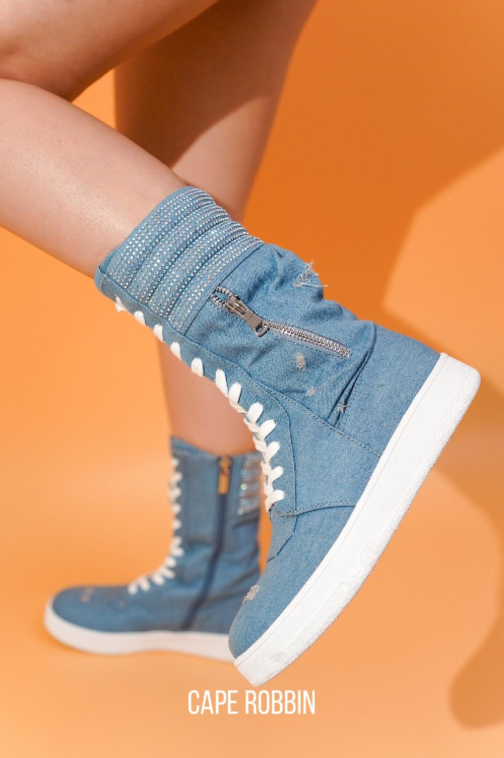 cape robbin Megani Rhinestone Coated High Top Sneakers - Denim