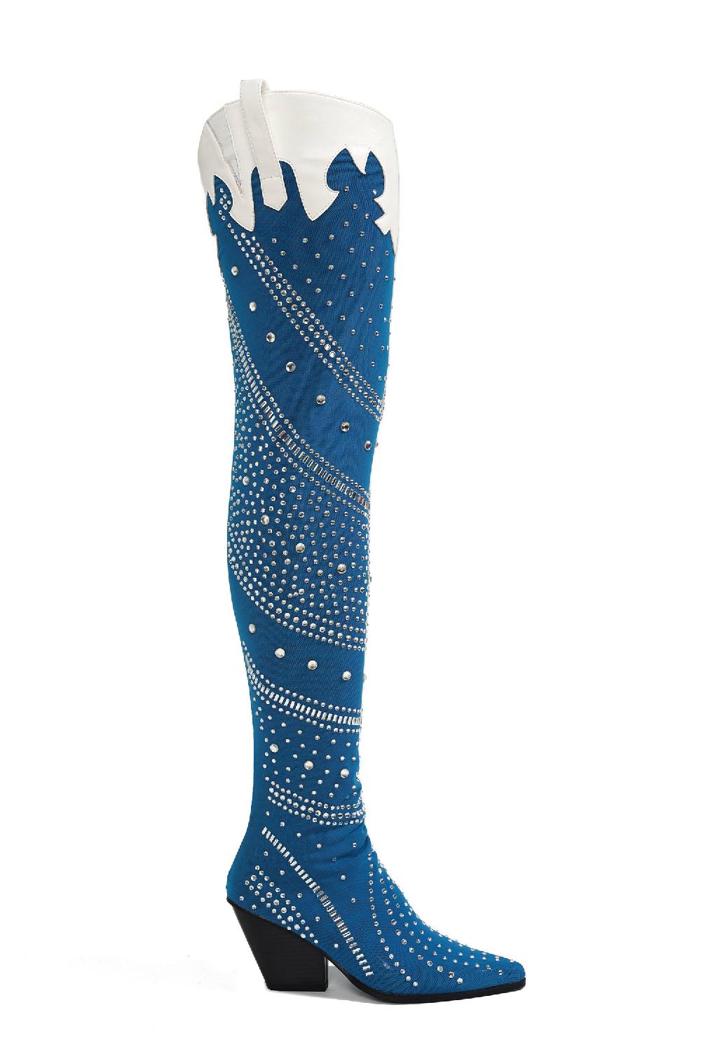 Cape Robbin Modim Thigh High Boots W/ Rhinestone & Gems - Denim
