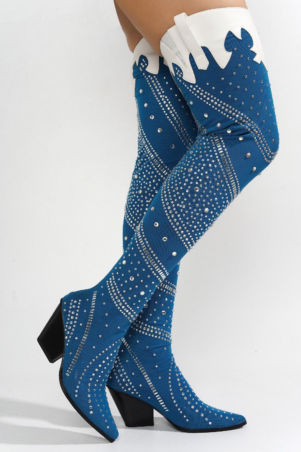 Cape Robbin Modim Thigh High Boots W/ Rhinestone & Gems - Denim