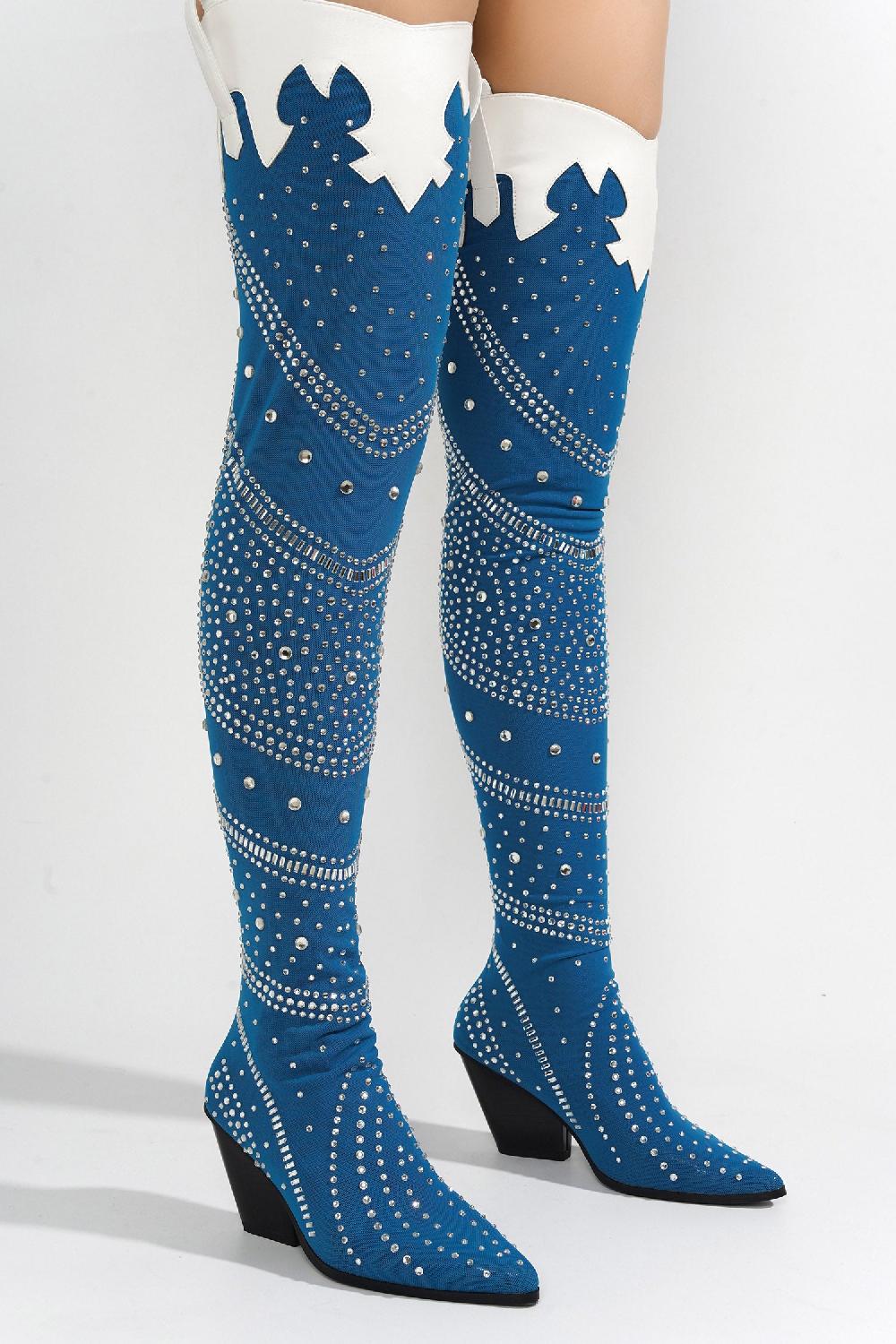 Cape Robbin Modim Thigh High Boots W/ Rhinestone & Gems - Denim