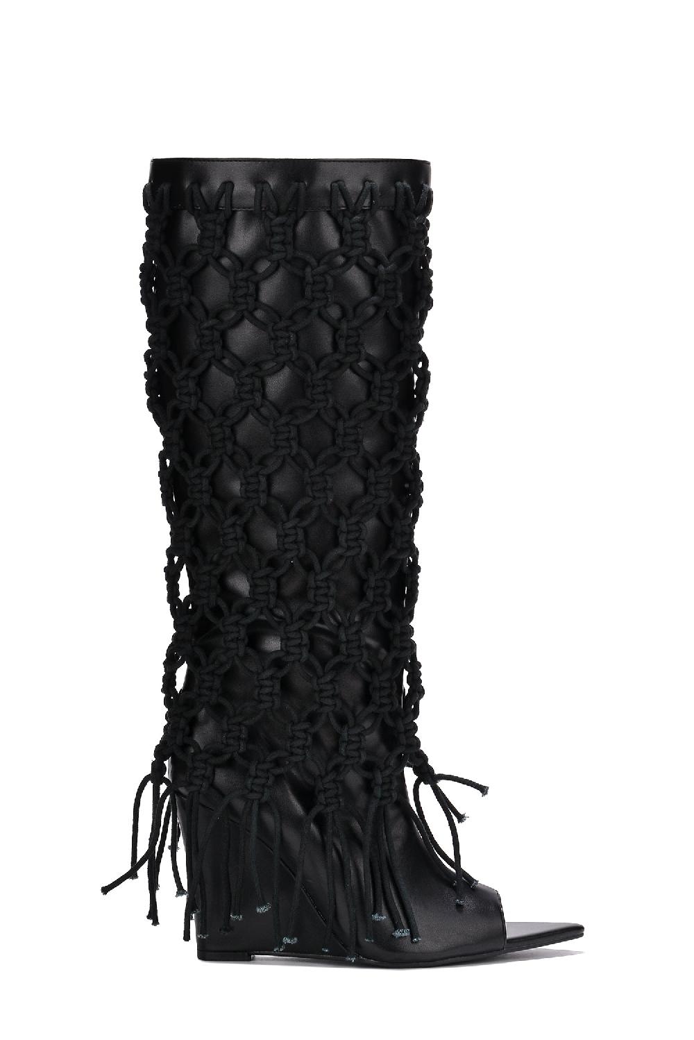 Cape Robbin Monemi Fringe Open Toe Mid Calf-Length Boots - Black