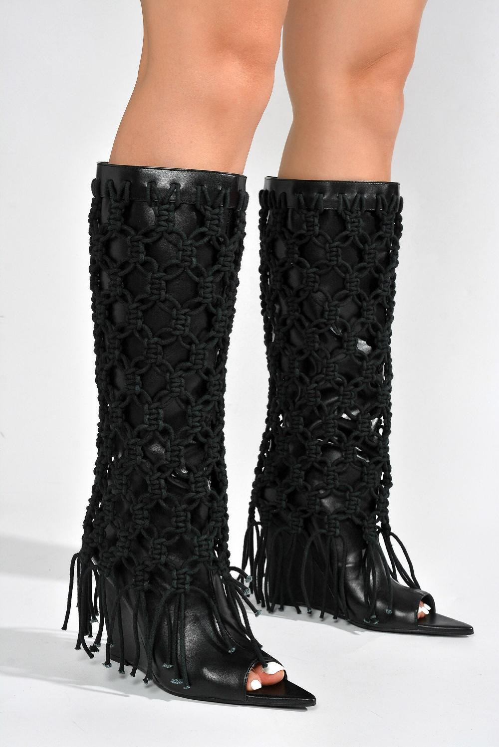 Cape Robbin Monemi Fringe Open Toe Mid Calf-Length Boots - Black