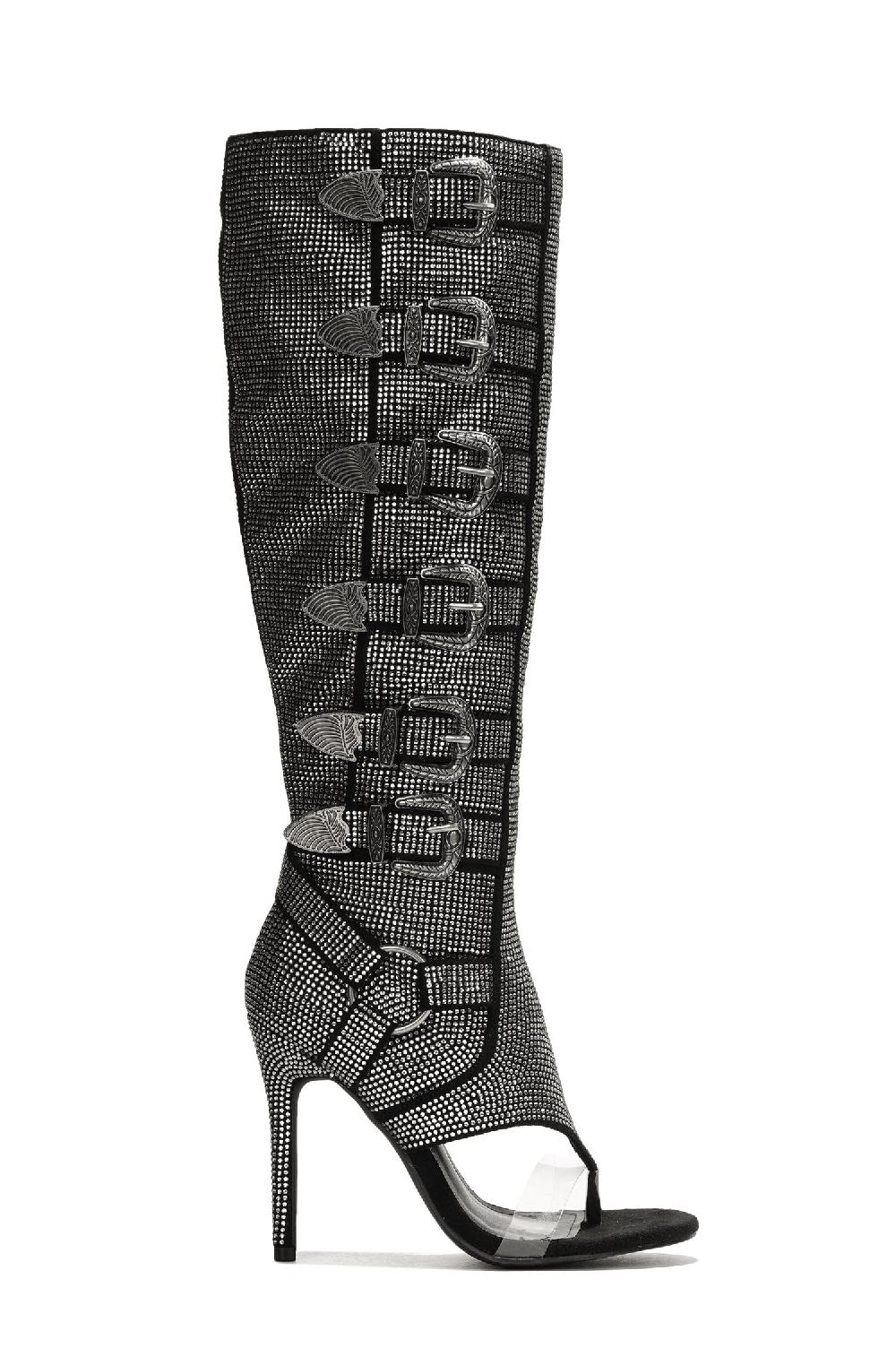 Cape Robbin Moto Mami Glamorous Rhinestone Buckle Open Round Toe Knee High Heel Boots - Silver
