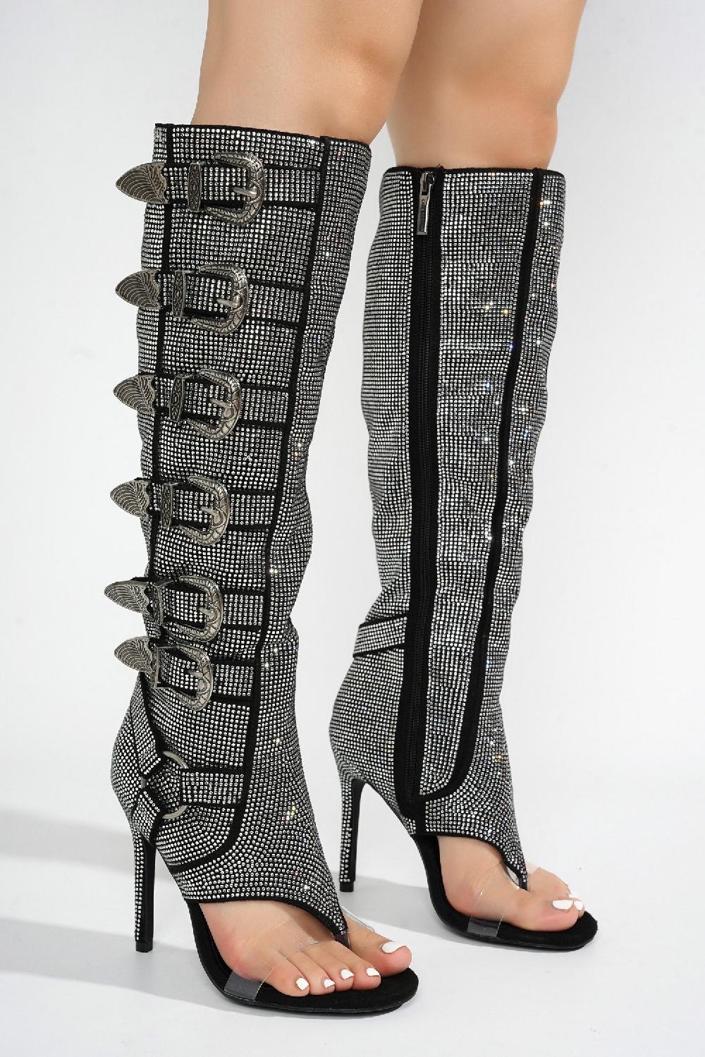 Cape Robbin Moto Mami Glamorous Rhinestone Buckle Open Round Toe Knee High Heel Boots - Silver