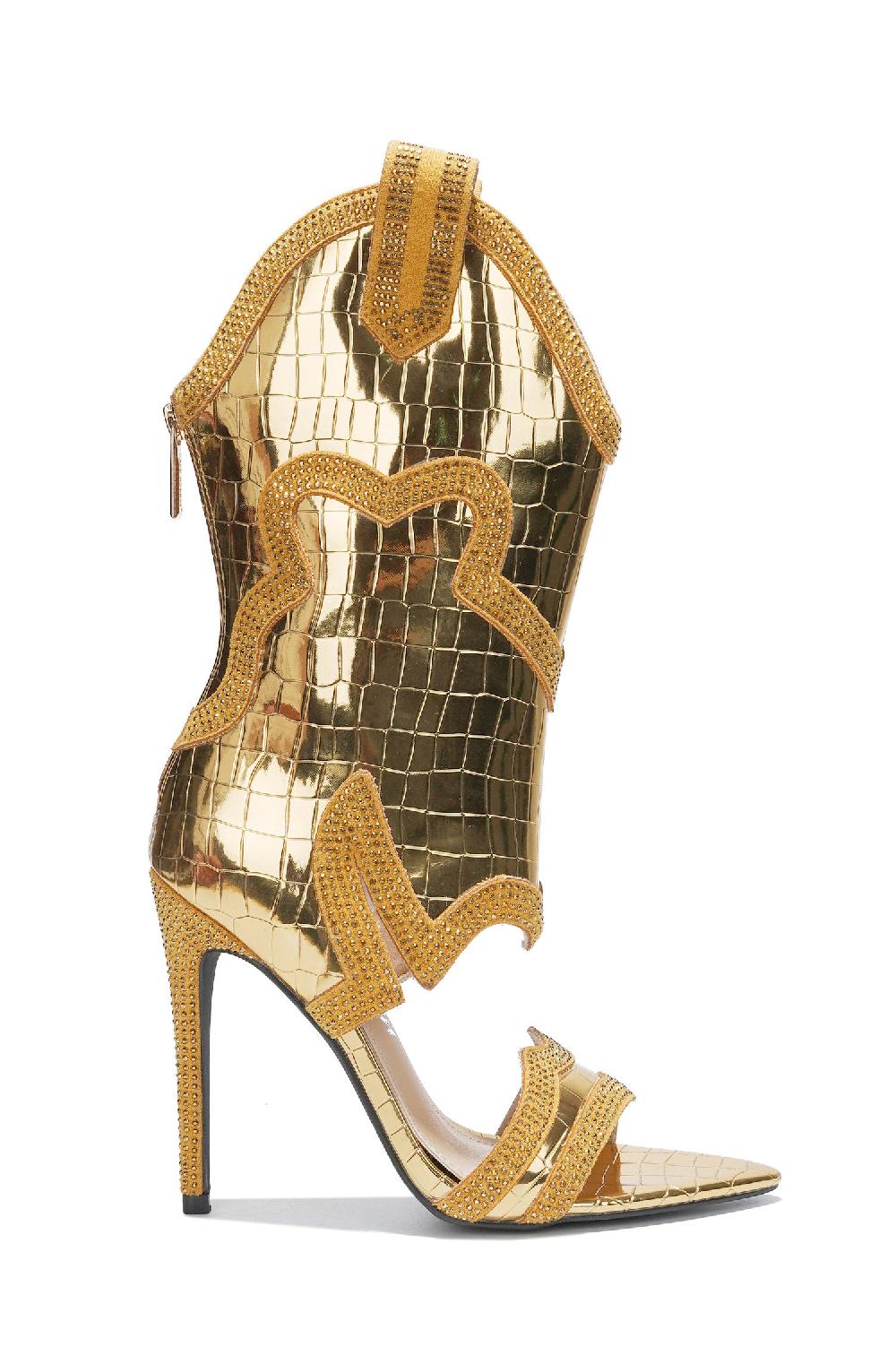 Cape Robbin Nanaye-2 Rhinestone Trim Open Toe High Heels - Gold