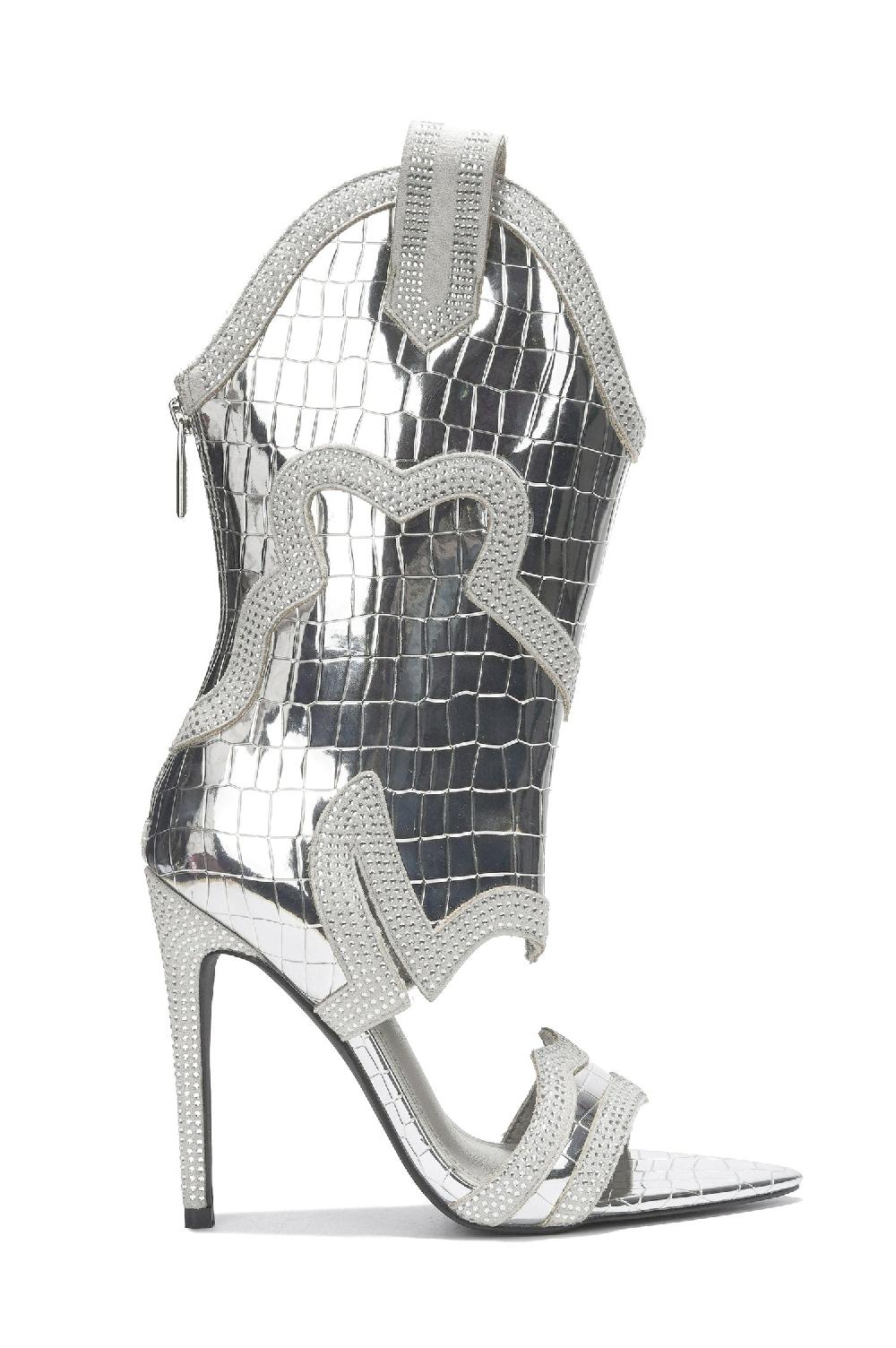 Cape Robbin Nanaye-2 Rhinestone Trim Open Toe High Heels - Silver