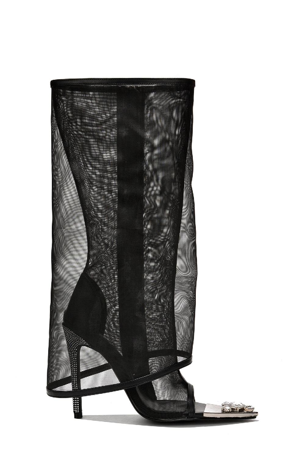 Cape Robbin Nao Fold Over Mesh Rhinestone High Heels - Black