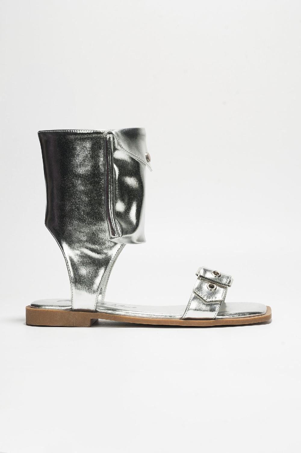 Cape Robbin Natalie Metallic Pouch Buckle Ankle Strap Square Toe Sandals - Silver