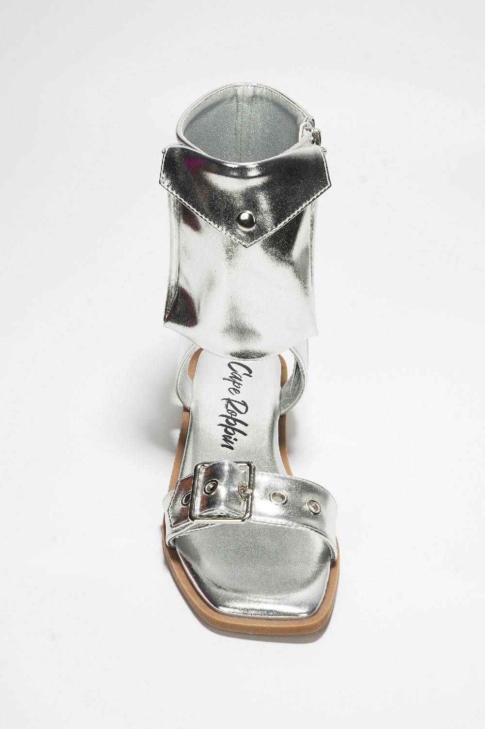 Cape Robbin Natalie Metallic Pouch Buckle Ankle Strap Square Toe Sandals - Silver