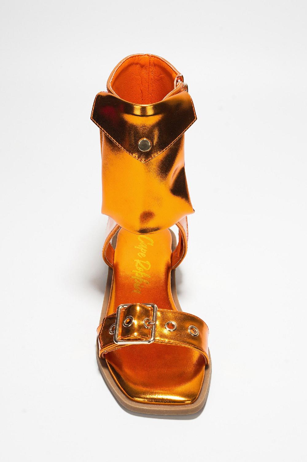 Cape Robbin Natalie Metallic Pouch Buckle Ankle Strap Square Toe Sandals - Orange