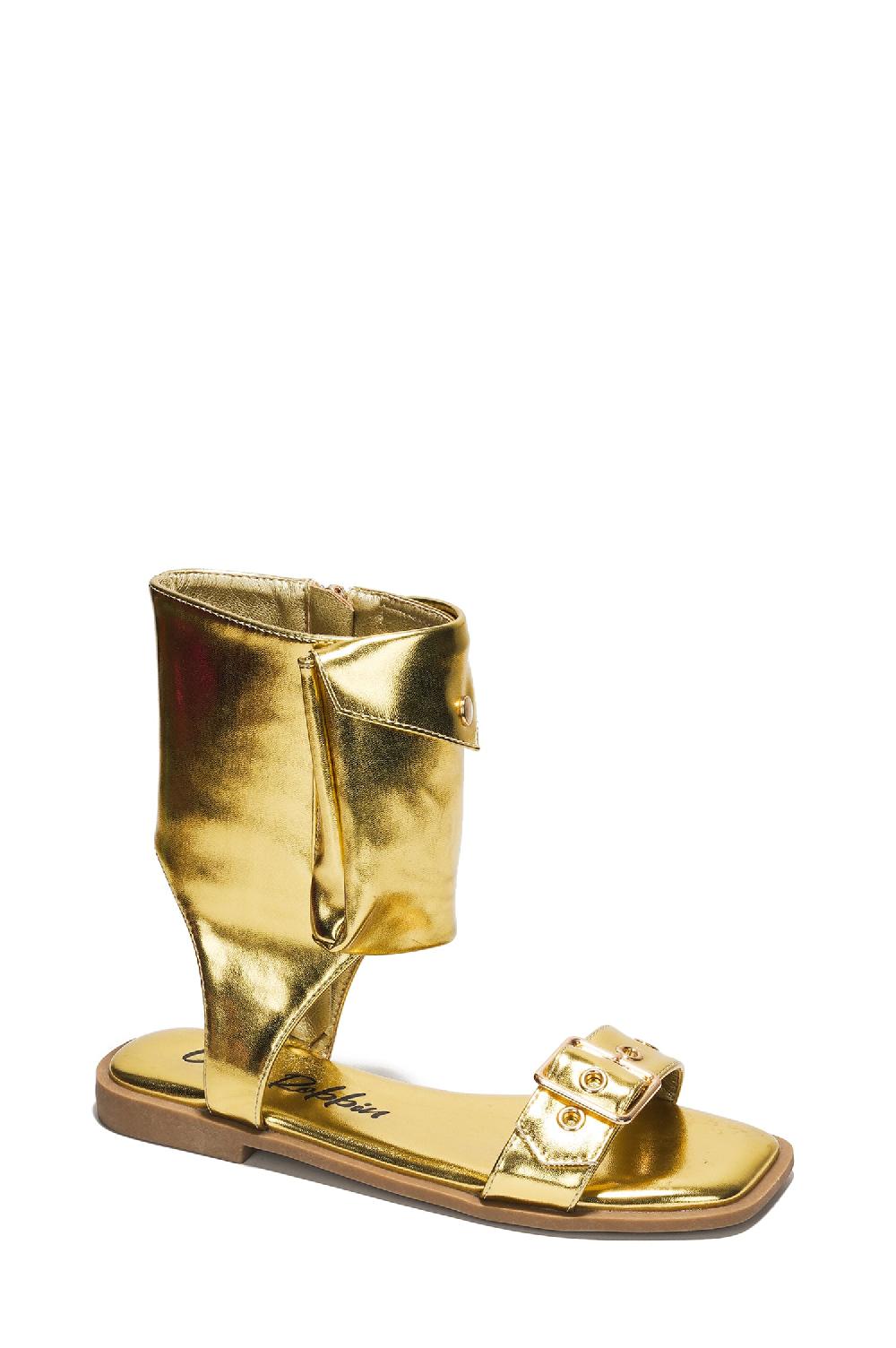Cape Robbin Natalie Metallic Pouch Buckle Ankle Strap Square Toe Sandals - Gold