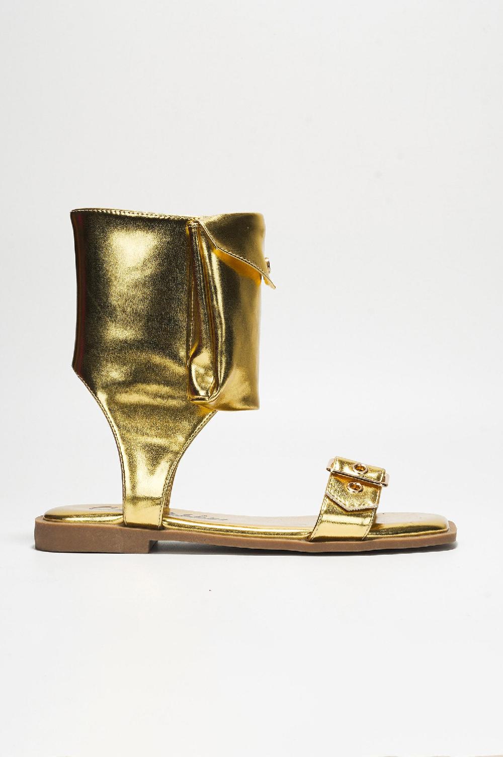 Cape Robbin Natalie Metallic Pouch Buckle Ankle Strap Square Toe Sandals - Gold