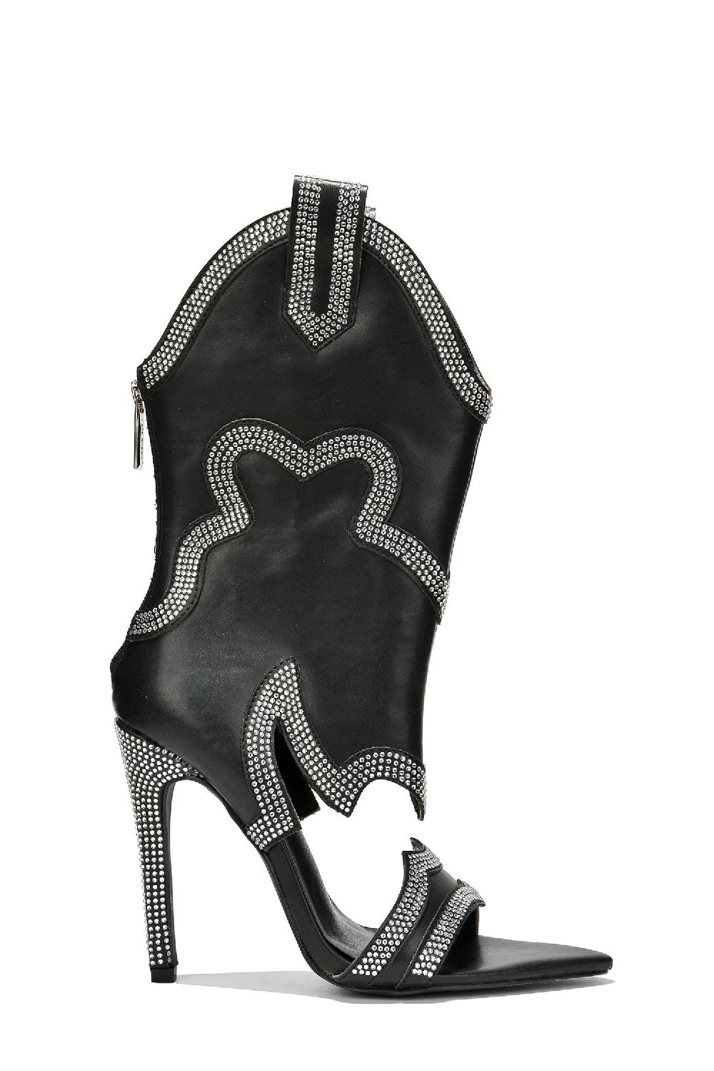 Cape Robbin Nayaye Rhinestone Western Cutout Cowboy Stiletto Heels - Black