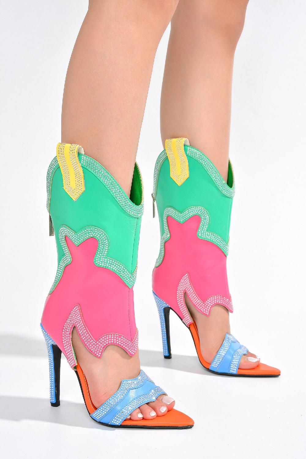 Cape Robbin Nayaye Rhinestone Western Cutout Cowboy Stiletto Heels - Multi