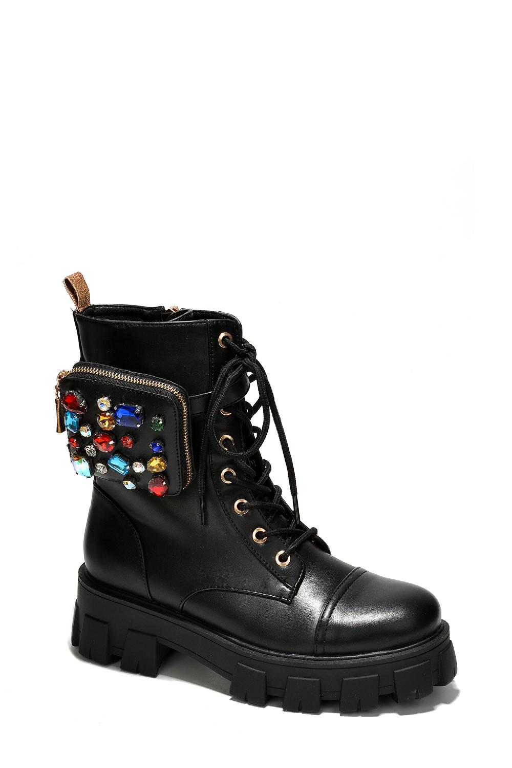 Cape Robbin Nemoya Gem-Studded Pouch Stylish Combat Boots - Black