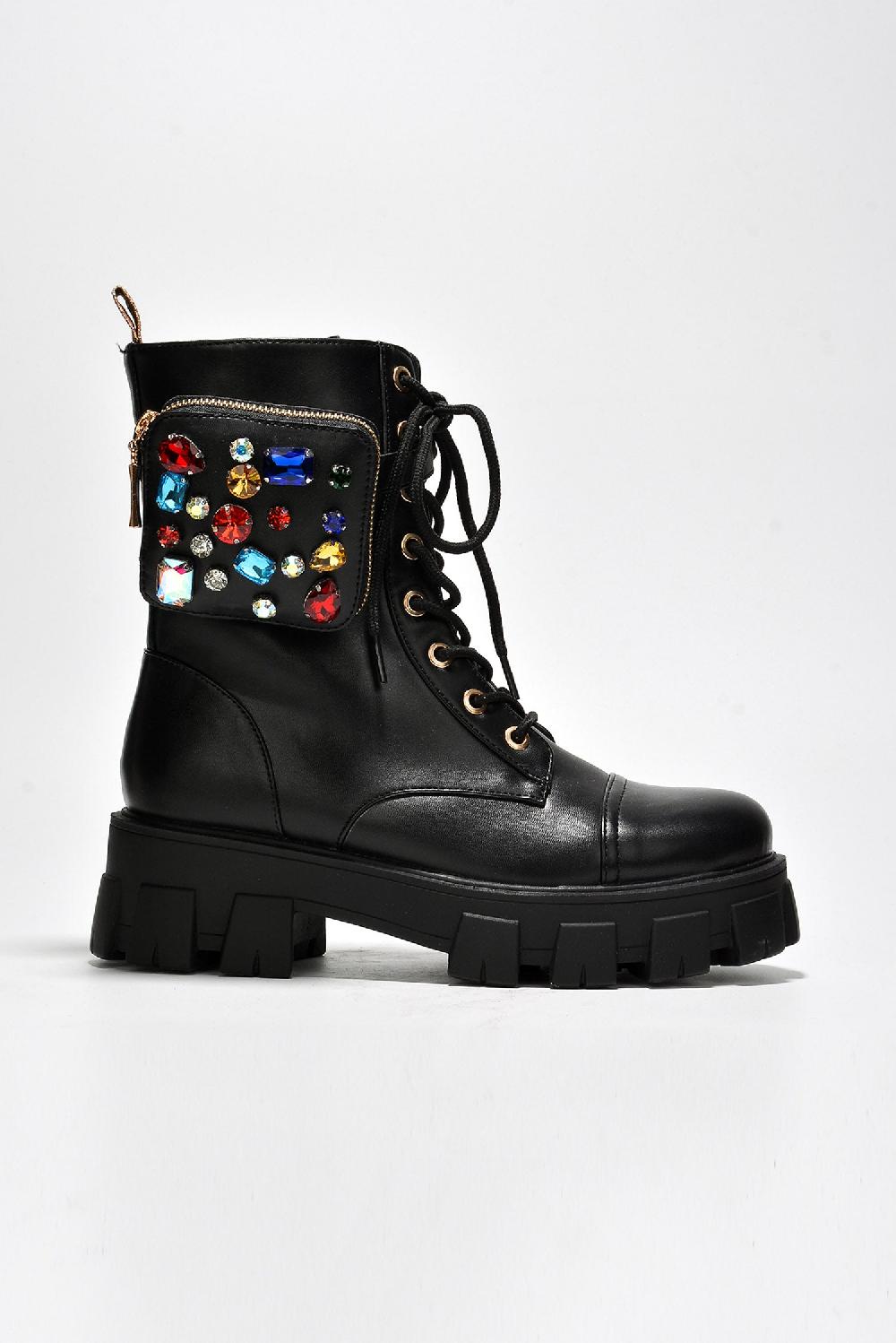 Cape Robbin Nemoya Gem-Studded Pouch Stylish Combat Boots - Black