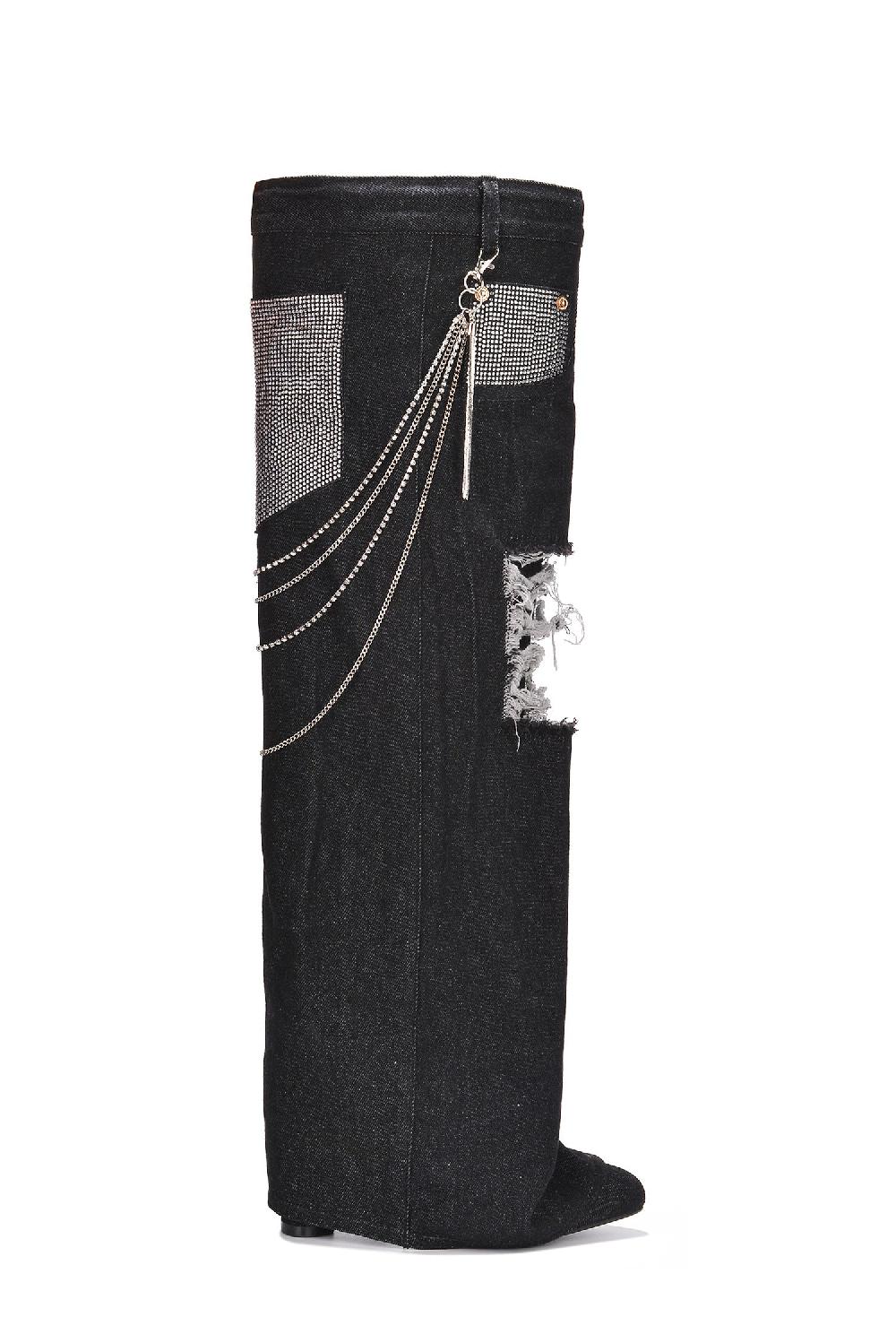 Cape Robbin Nima Rhinestone Fringe Denim Knee High Boots - Black