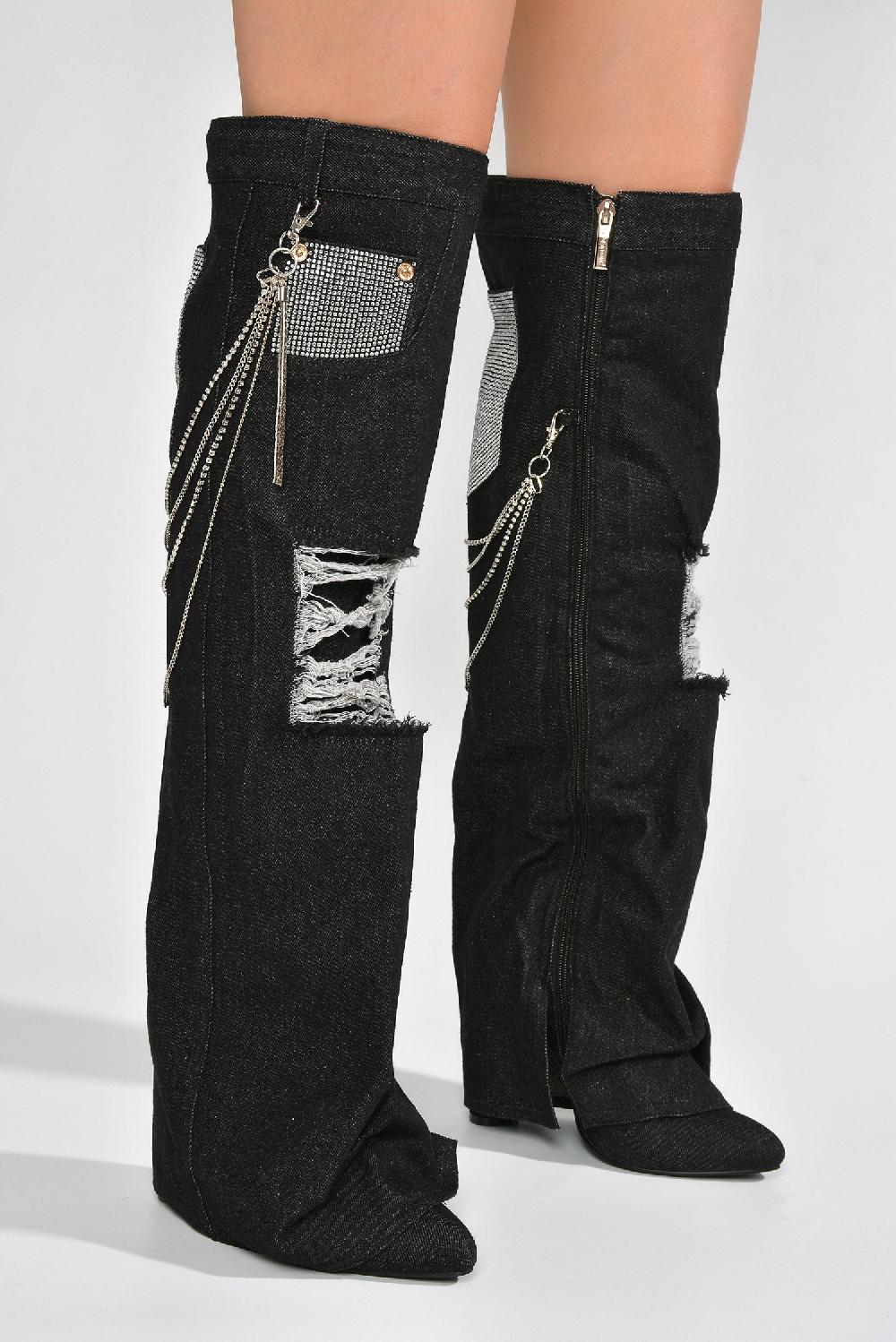 Cape Robbin Nima Rhinestone Fringe Denim Knee High Boots - Black