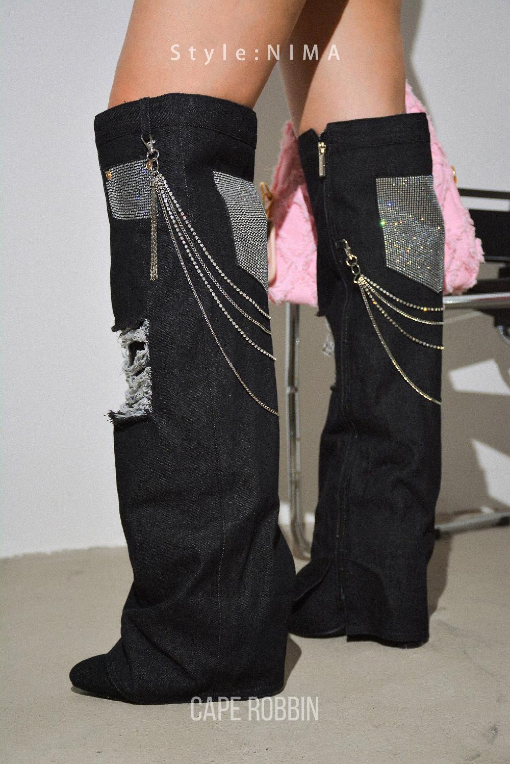 cape robbin Nima Rhinestone Fringe Denim Knee High Boots - Black