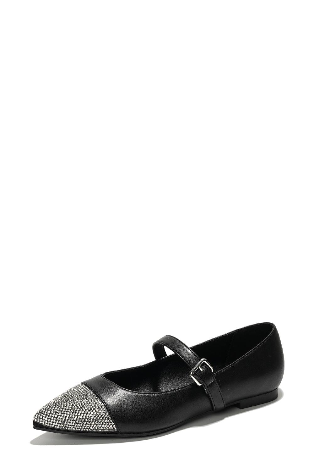 Cape Robbin Nitin Rhinestone Pointed Toe Mary Jane Flats - Black