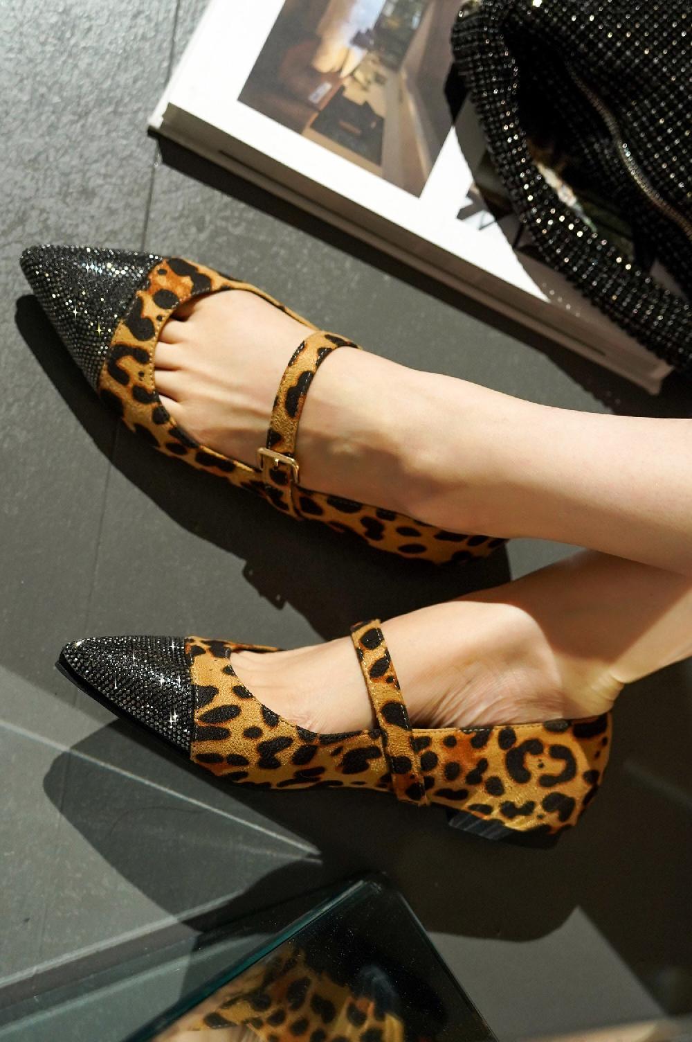 Cape Robbin Nitin Rhinestone Pointed Toe Mary Jane Flats - Leopard