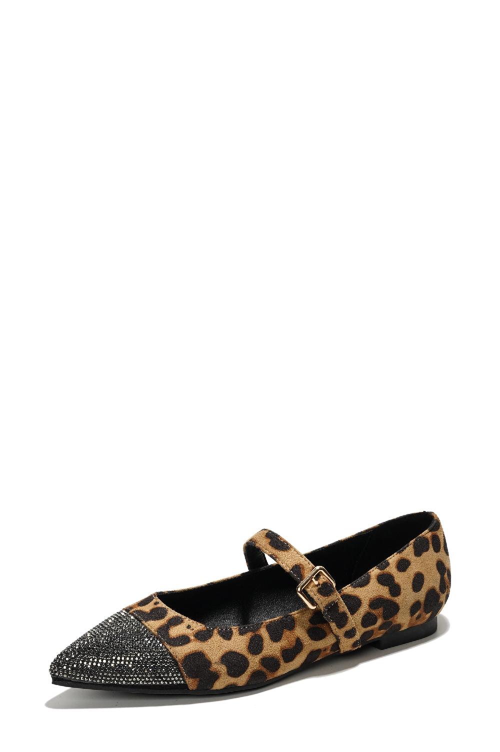 Cape Robbin Nitin Rhinestone Pointed Toe Mary Jane Flats - Leopard