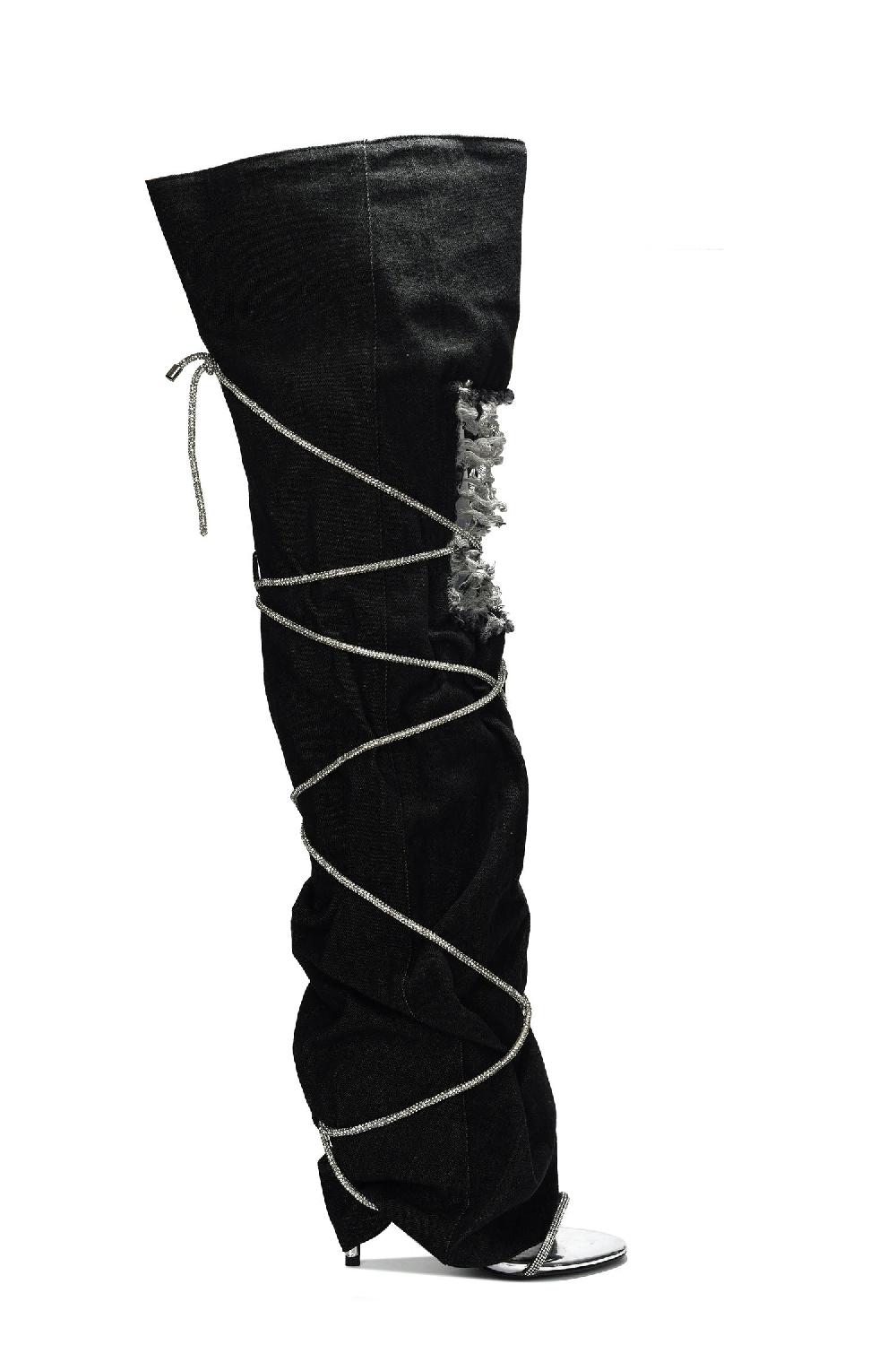 Cape Robbin Nobu Rhinestone Thigh-High Denim Booties - Black
